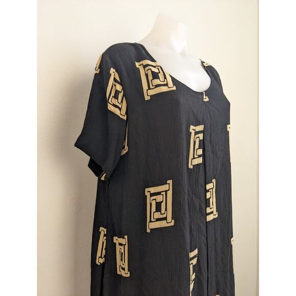 Vintage Krisa Medium Overlay Maxi Dress Black Tan Windowpane Short Sleeves Boho - Picture 7 of 15